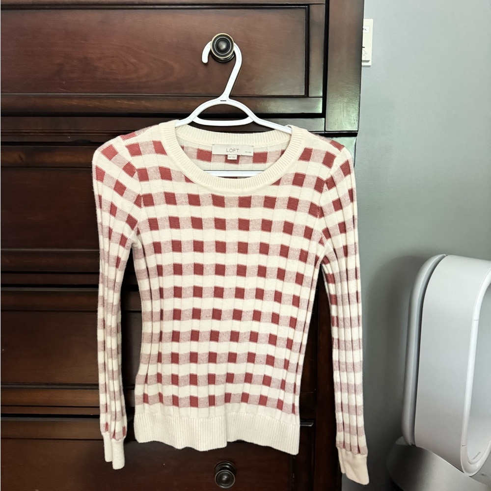 LOFT Cream and Red Crew Neck Sweater with Gingham Pattern